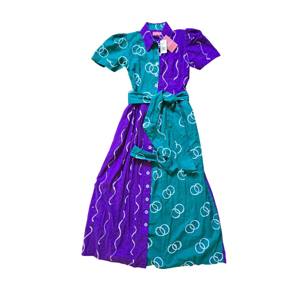 NWT** Elisamama Asake Blue Green Abstract Color-block Maxi‎ Cotton Dress Size Sm